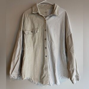POL Beige Cream Two-Tone Corduroy Button Down Shacket Distressed Hem Large L